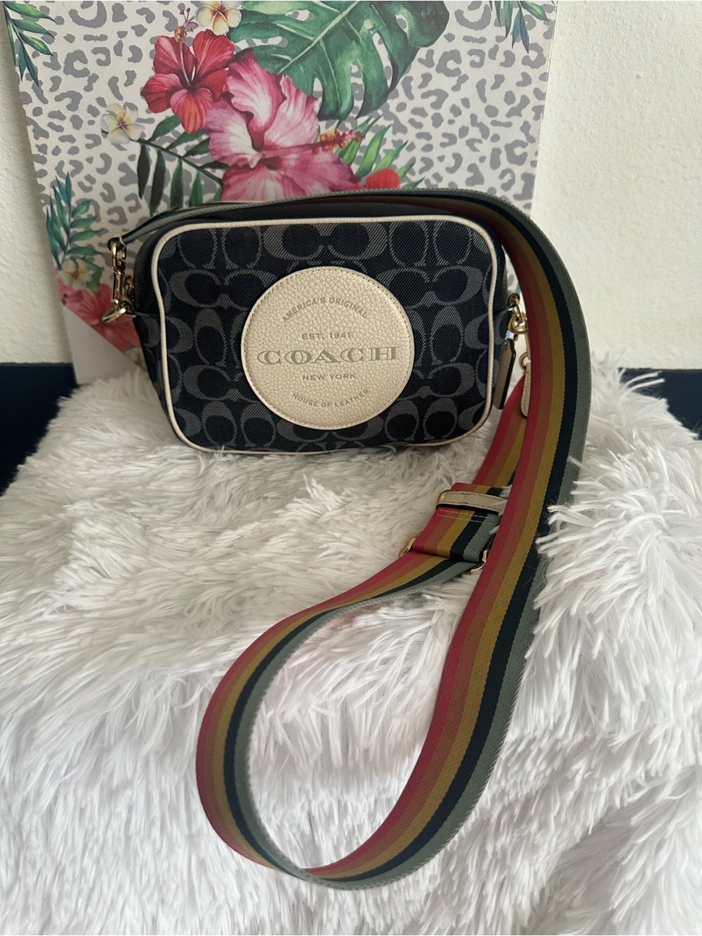 Coach Black Signature Canvas Crossbody with Multicolor Stripe Strap
